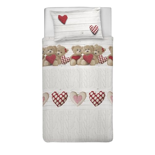 PENSIERI DELICATI Single Duvet Cover Set, 100% Cotton, Complete with 1550 x 200 cm Bag and 1 Pillowcase 52 x 82 cm, Made in Italy, Duvet Cover Machine Washable At 40 Degrees, Red Bears Design