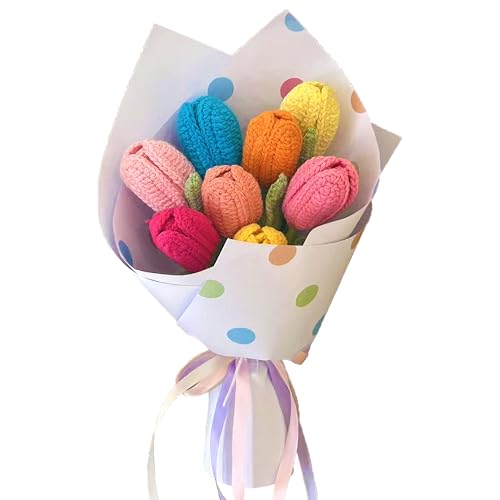 Cayiibe Colorful Tulips Crochet Flowers Bouquet Handmade Knitted Artificial Flowers Home Decor