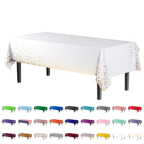 Exquisite 4 -Pack White and Gold Dot Tablecloth New Years Plastic Tablecloth 54in. X 108in. Rectangle Table Cover White and Gold Party Decorations