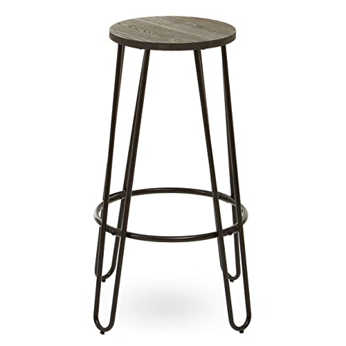 Premier Housewares Black Finish Metal Frame Bar Stool, Industrial Design Bar Stool, Sleek and Sturdy, Elm Wood Seat, Modern Retro Style, Stool Dimensions W50 x D50 x H75cm.