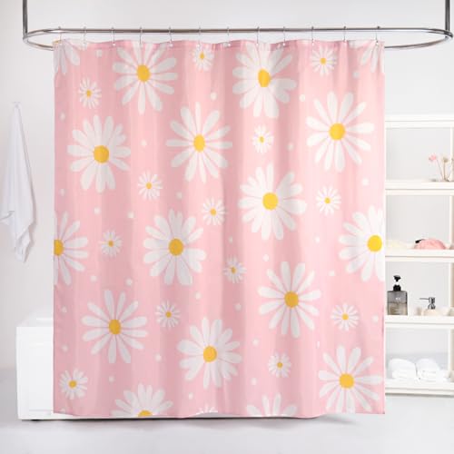 QJHOMO Pink Floral Shower Curtain Set Cute Daisy Bathroom Curtain, Washable Waterproof Fabric Extra Long Shower Curtains with 12 Hooks, Modern Aesthetic Decor Colorful Flower Shower Curtain 72x84 inch