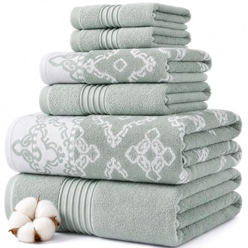 Modern Threads 6 Piece Set, 2 Bath Towels, 2 Hand Towels, 2 Washcloths Yarn Dyed Jacquard/Solid Towel Set Charlize Dark Sage