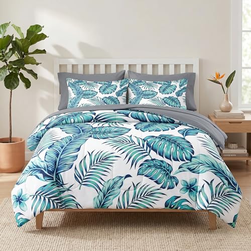 Pamnest Full Comforter Set with Sheets, 7 Pieces Blue Green Bedding - Bed in A Bag for All Season, Tropical Palm Leaf for Kids and Adults, 2 Pillowcases & 2 Shams