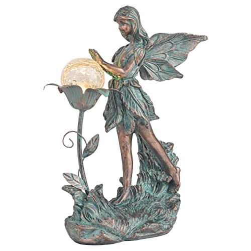 "TERESA'S COLLECTIONS Garden Fairy Large Bronze Garden Sculptures & Statues Resin with Solar Outdoor Light, Valentines Decorations Lawn Ornaments for Outdoor Decor, Gifts for Women Mom, 10.6"""