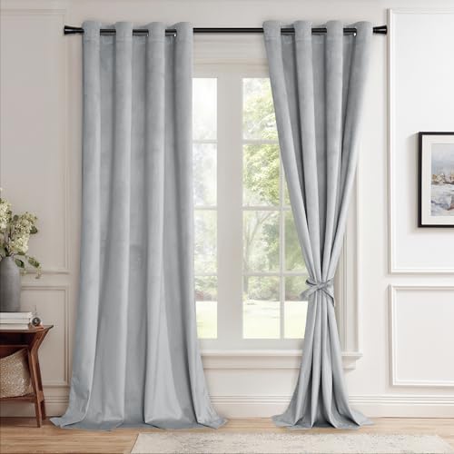 JIUZHEN Extra Long Velvet Curtains - Soft Retro Blackout Velvet Drapes Room Darkening Thermal Insulated for Living Room/Villa, 52W x 120L, 2 Panels with Tiebacks,Silver Grey