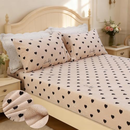 MAG 3Pcs Love Heart Fleece-Flannel Full Size Sheets Set,Microfiber Black Love Full Size Bed Set,Romantic Fluffy Warm Super Soft for Women Men,with 1*Fitted Sheet + 2*Pillowcases.