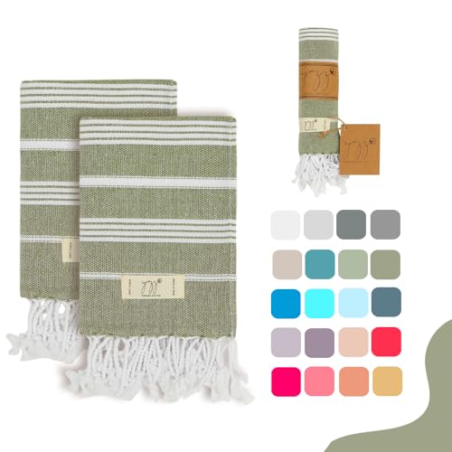 "Yazz Turkish Cotton Hand Towels - Set of 2, 18"" x 30"" inches, Turkish Cotton owels for Bathroom Kitchen, Gym Towels - Thin Light Compact Travel Towels (Army Green)"