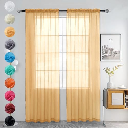 youleyar Solid Sheer Rod Pocket Curtain Voile Draperies 2 Panels White Beige Black Grey Coffee 52 Inch Width 84 Inch Long 1 Pair for Kitchen Bedroom Children Living Room Yard(Beige,52W???84L)