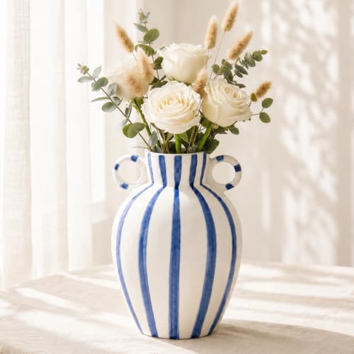 Blue and White Elliptical Vase, Modern Checkered Vase with Handles, Ceramic Flower Vases Wide Mouth for Checkered Kitchen Decor and Dining Table, Shelves, Fireplace Centerpieces