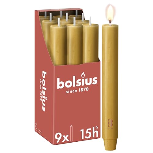 Bolsius - Tapered Candle XL Rustic - 23 x 3 cm - Oat Beige - in Box of 9 Pieces - Length Burning Time 15 Hours - Unscented - Contains Natural Plant Wax - Without Palm Oil