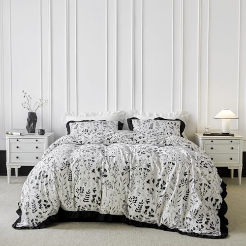 SUSYBAO Botanical Ruffle Duvet Cover King 100% Cotton 3 Pcs Set 1 Farmhouse Black Floral Duvet Cover with Zipper Ties 2 Pillow Shams Aesthetic Black White Flower Bedding Set Soft