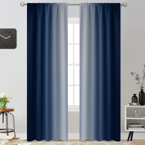 "Yakamok Light Blocking Ombre Curtains Opaque Room Darkening Thermal Insulated Gradient Curtain Rods for Living Room Bedroom (Blue and Grey White, 2 Panels, 52"" W x 84"" L)"