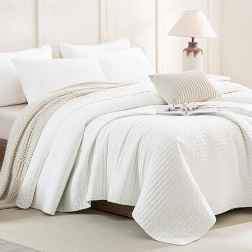 CozyTide White Oversized King Quilt 120x120,100% Stone-Washed Cotton Lightweight Oversized King Bedspread,3 Pieces Extra Large Modern California King Coverlet Set Ultra Soft