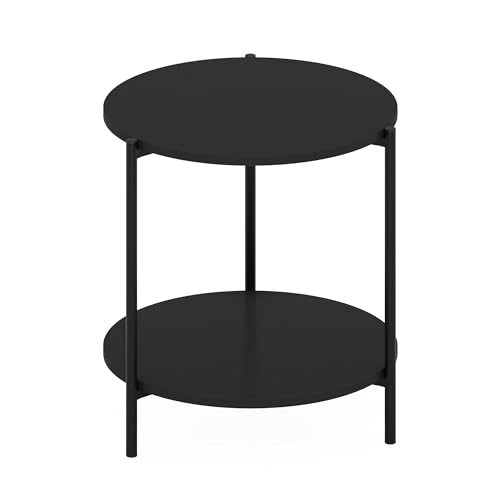 Furinno BESI Side Table, 2-Tier Wide Round End Table with Metal Legs, Metal Frame Night Stand, Bedside Table with Open Shelf, for Living Room, Bedroom, Americano