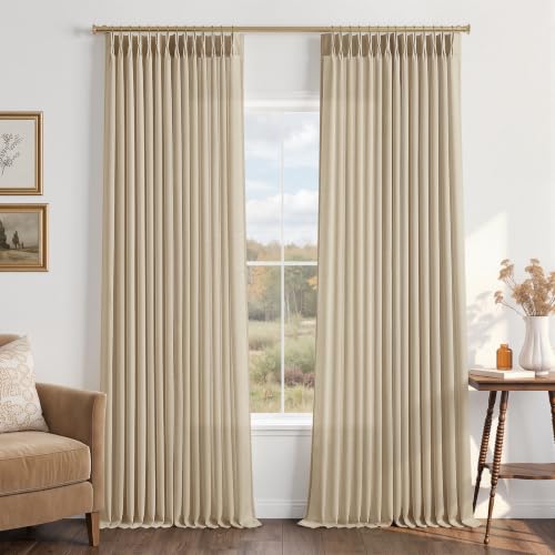 "96 Inch Long Boho Linen Pinch Pleated Curtains for Living Room, Light Filtering Semi Sheer 8 FT Bedroom Beige Cream Curtain Privacy Darkening Thick Linen Blend 96 Inches Length 2 Panels Set 40"" x 96"""