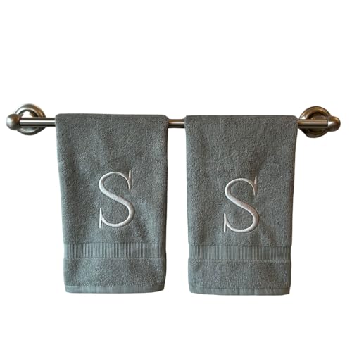 Gray with Silver Monogrammed Hand Towels for Bathroom - Set of 2 Letter S - Luxury Hotel Quality Initial Towels For Powder Room, Spa, GOTS Organic Certified