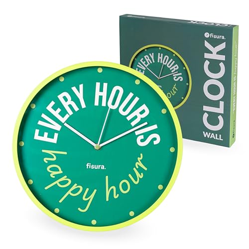 Fisura β Original Wall Clock Every hour is happy hour. Silent Wall Clocks for Living room, Kitchen, Office, Bedroom. Modern Design in Green 35cm. Requires 1 AA Battery (Not Included)