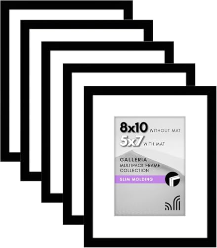 Americanflat 8x10 Photo Frame with Polished Plexi Cover - Set of 5 - Use as 7x5 Photo Frames with Mount or 10x8 Without Mount for Tabletop and Gallery Wall Display - Black