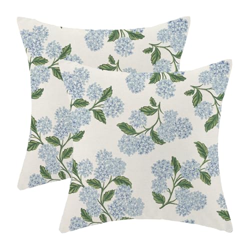AEIOAE Spring Pillow Covers 18x18 Inch Set of 2, Green Blue Hydrangea Flower Throw Pillows Case,Floral Summer Outdoor Seasonal Decorative Farmhouse Decor Cushion Covers for Home Sofa Bed Couch