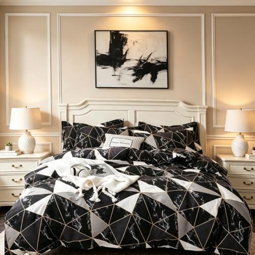 CLOTHKNOW Black White Marble King Size Comforter Set Triangle Plaid Bedding Sets All Season Geometric Comforter with 2 x Pillowcases