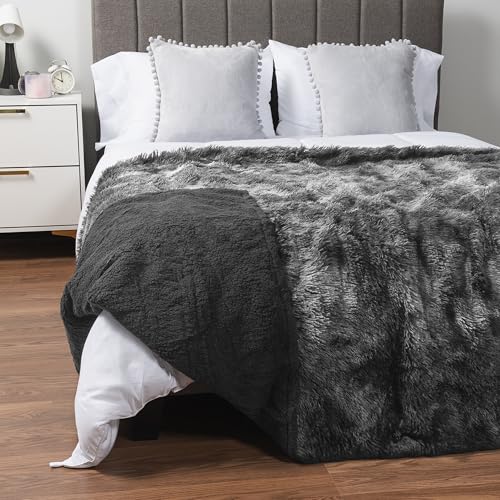 Pavilia Gray Fluffy Bed Blanket, King Size, Fuzzy Plush Warm Large Blanket for Couch Sofa, Super Soft Thick Faux Fur Sherpa, Tie-Dye, 90x108