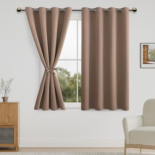 DWCN Blackout Curtains for Bedroom with Tiebacks - Room Darkening Privacy Grommet Top Window Curtains for Living Room, 52 x 54 inch Length, Cappuccino, Set of 2 Panels