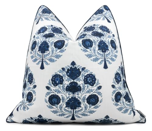 MANOJAVAYA Printed Floral 20x20 Throw Pillow Cover ??? Blue White Tree Buti Botanical ??? Grandmillennial Boho Coastal Decor for Sofa Bed Living Room ??? Timari