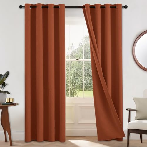 COSVIYA 100% Blackout Burnt Orange Linen Curtains & Drapes 90 Inch Length 2 Panels Set, Full Room Darkening Grommet Insulated Thermal Window Panels for Bedroom/Living Room,52x90 inches