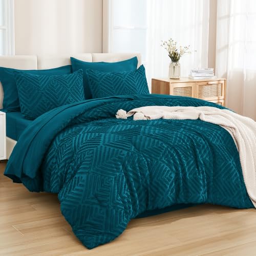 Andency Oversized Queen Comforter Set 7 Pieces, Teal - 7 Pieces, Bed in a Bag, Soft Lightweight Fluffy Polyester, Elegant Boho Tufted Reversible Bedding Set, All Season