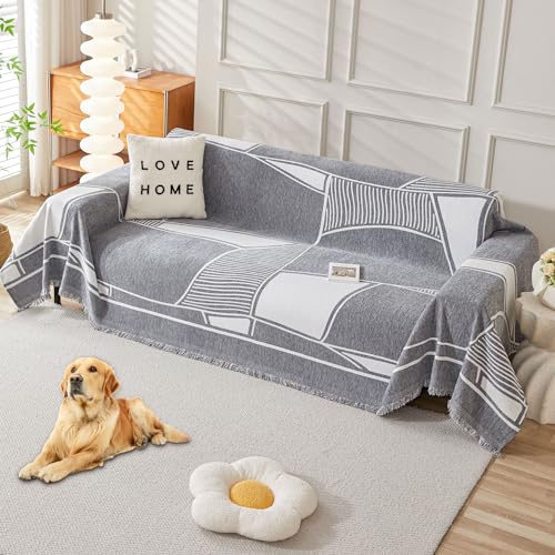 "HAOMAIJIA Non Slip Couch Cover Sofa Covers for 3 Cushion Couch Washable sectional Couch Covers for Dogs pet Furniture Protector Couch Cover Blanket for Living Room (Grey-Cream, 91""x134"")"