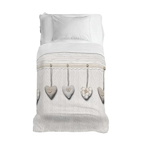 PENSIERI DELICATI Bedspread 220 x 280 cm, Single Sheet 100% Cotton Pique, Ideal as a Furniture Cover, 1 and a Half Bed Blanket, Beige Hanging Heart Pattern, 100% Made in Italy