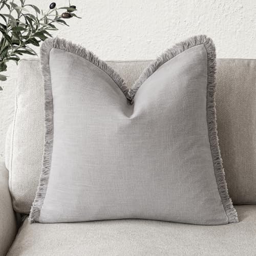 Foindtower Decorative Linen Fringe Throw Pillow Covers Cozy Boho Farmhouse Cushion Cover with Tassels Accent Pillowcase for Chair Sofa Bed Living Room Home Decor, 20??20 Inch, 1PC,Light Rustic Gray