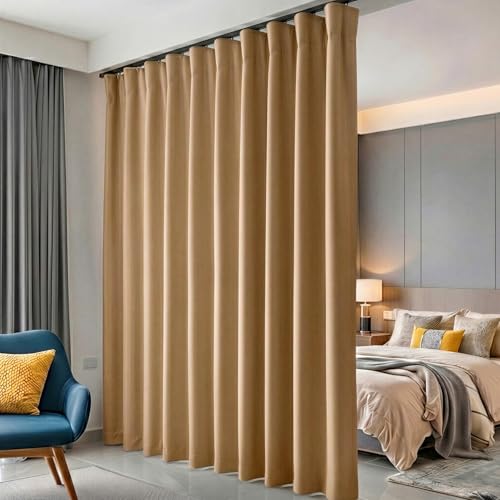 hoeflife Room Divider Curtains Blackout Floor to Ceiling Curtain with Hook Wall Mount Sliding Door Curtains Ceiling Mount Extra Wide Curtain Wall Divider for Room Separation (Khaki, W100 x H96 Inch)