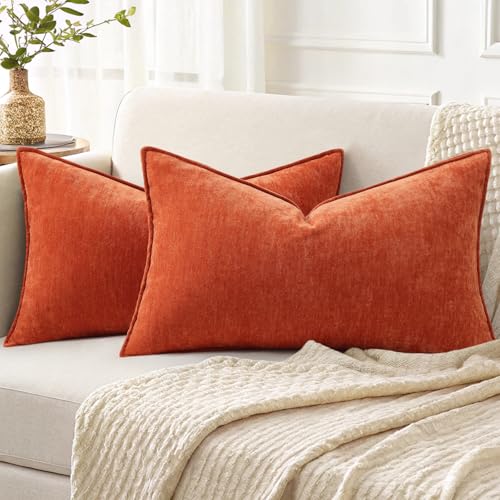 decorUhome Chenille Rust Velvet Throw Pillow Covers 12x20 Set of 2 - Fall Soft Lumbar Couch Decorative Modern Farmhouse Pillow Cases with Elegant Design for Sofa Bed Living Room Home Decor