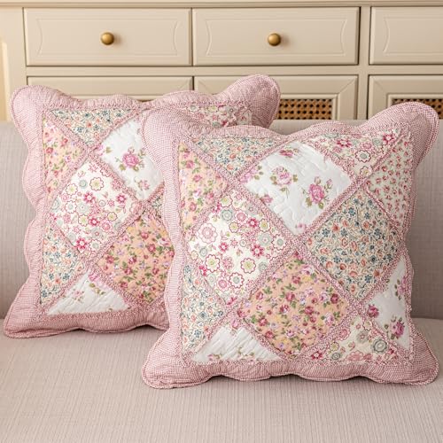 "vctops Set of 2 Quilted 100% Cotton Boho Throw Pillow Covers 18"" x 18"" Farmhouse Country Floral Patchwork Decorative Cushion Cover, Patchwork Flower A"