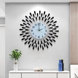 JUGV 23.6 INCH Wall Clock for Living Room Decor,Non-Ticking Quiet Metal Petals Dial Glass Large Wall Clock Black for Bedrooms Kitchen and Small Space Wall Clocks Decorative
