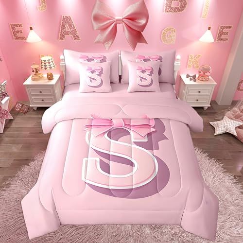 jejeloiu Kawaii Pink Bow Bed Set, Full Size, Decor Teen Girl Gifts Monogrammed 7 Pieces Beeding Set, Ultra Soft Personalized Initial S Bed in a Bag with Comforter, Sheets, Pillowcases Dreamy Bow
