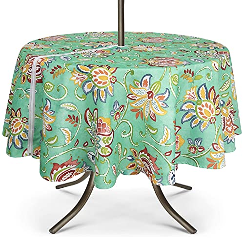 "UMINEUX 60"" Outdoor Round Tablecloth with Umbrella Hole and Zipper - Spring/Summer Waterproof Round Patio Table Cover for Picnic/BBQ/Garden, Green Flower"