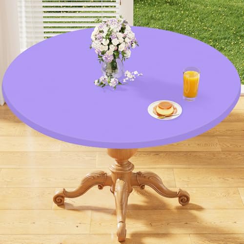 "Homing Round Fabric Fitted Tablecloth, Elastic Waterproof Oil Proof Table Cloth, Washable Polyester Table Cover Fits 45""-56"" Round Tables for Outdoor Picnic Dinner, Lavender"
