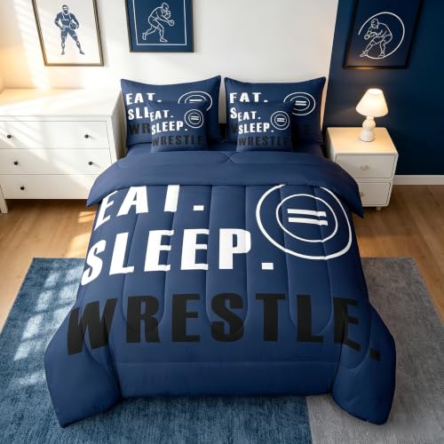 Feelyou Wrestling Sports Comforter Set with Sheets Queen Size Wrestling Sports Theme 7 Pieces Bedding Set for Kids Boys Girls Teens Deep Blue Wrestle Rodeo Bed in a Bag Wrestle Themed Bed Set