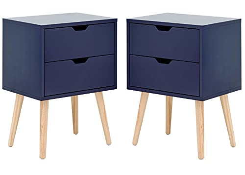 GFW Pair of Nyborg Scandinavian Style 2 Drawer Bedside Cabinet with Pine Wooden Legs, Wood, Nightshadow Blue, 40 x 56 x 30