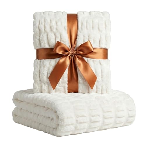 "Luxury Concepts Soft Faux Rabbit Fur Throw Blanket - 50"" x 60"", Elegant Ruched Design Blanket, Machine Washable and Wrinkle Resistant, Lightweight White Throw Blanket for Couch, Sofa and Bed"