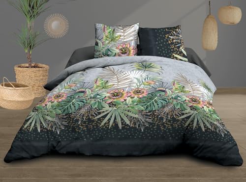 Le linge de Jules Duvet Cover 240 x 260 cm + 2 Pillowcases – Pure Cotton 57 Thread Count – Flora, Blue, Grey, Pink, Green