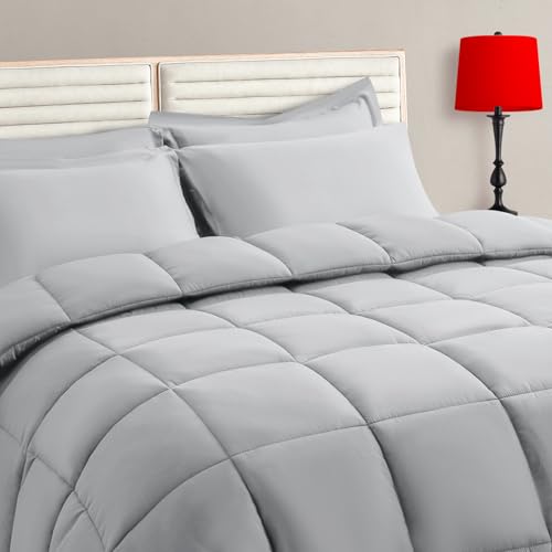 TAIMIT Light Grey Queen Size Comforter Set - 7 Pieces, Bed in a Bag Bedding Sets with All Season Soft Quilted Warm Fluffy Reversible Comforter,Flat Sheet,Fitted Sheet,2 Pillow Shams,2 Pillowcases