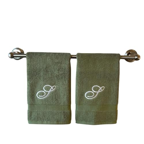 Decorvo Sage Monogrammed Hand Towels for Bathroom - Luxury Hotel Quality Personalized Initial Embroidered Towel for Powder Room, Spa - GOTS Organic Certified - Set of 2 White Letter S