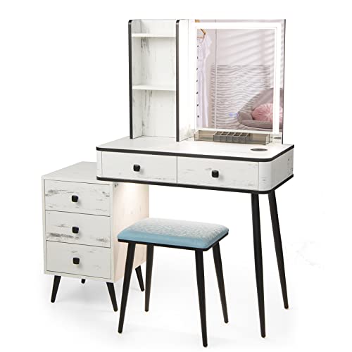 RELAX4LIFE Dressing Table and Stool Set, Vanity Desk Set with 5 Drawers, Storage Shelves, 3-Color LED Lights & Charging Function, Makeup Dresser Desk Bedroom Furniture (White, Rectangular Mirror)