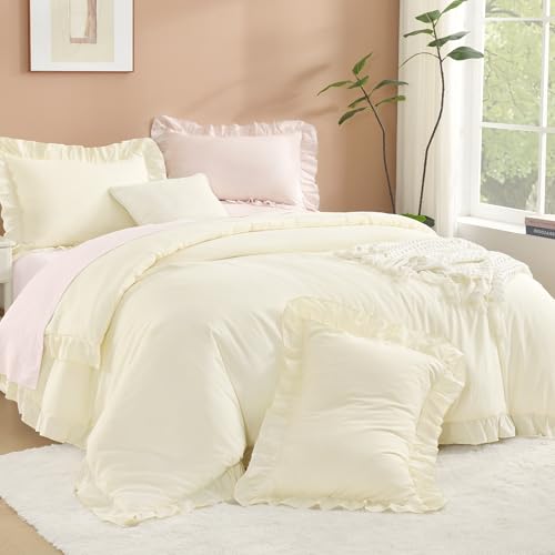 Litanika Queen Comforter Set, 3 Pieces Cream Ruffle Bedding Set - Farmhouse Shabby Chic Aesthetic Soft Fluffy Lightweight Breathable Bed Set for Girls Women Room Decor Gift All Season
