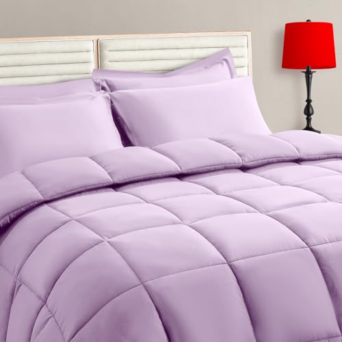TAIMIT Light Purple Twin Size Comforter Set - 5 Pieces, Bed in a Bag Bedding Sets with All Season Soft Quilted Warm Fluffy Reversible Comforter,Flat Sheet,Fitted Sheet,1 Pillow Shams,1 Pillowcases