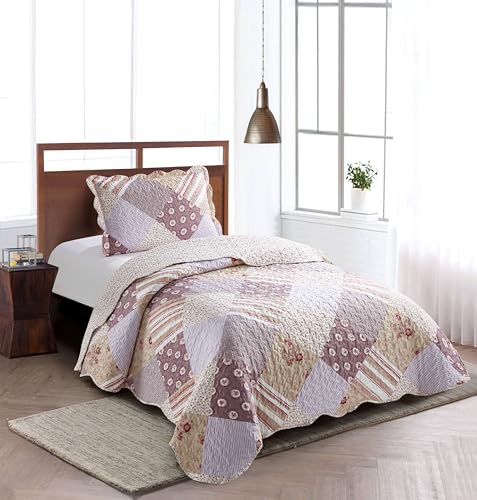 Brilliant Sunshine Pink Rosette and Stripes Patchwork, 2-Piece Quilt Set with 1 Sham, Reversible Bedspread, Soft Lightweight Coverlet, All-Season, Twin, Rose