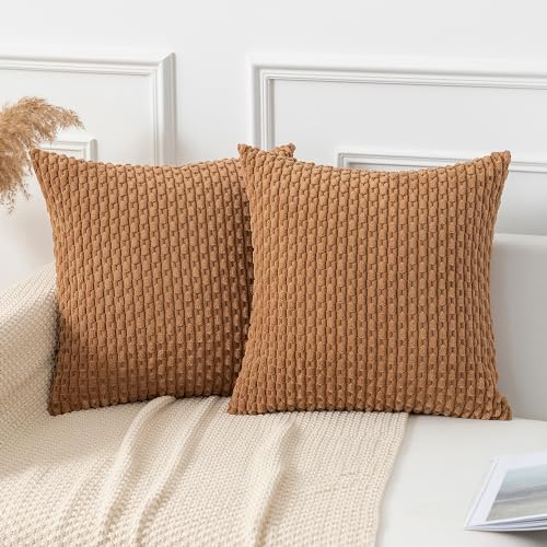Kevin Textile Throw Pillow Covers Soft Corduroy Decorative Set of 2 Boho Striped Pillow Covers Pillowcases Farmhouse Home Decor for Couch Bed Sofa Living Room 22x22 Inch Khaki